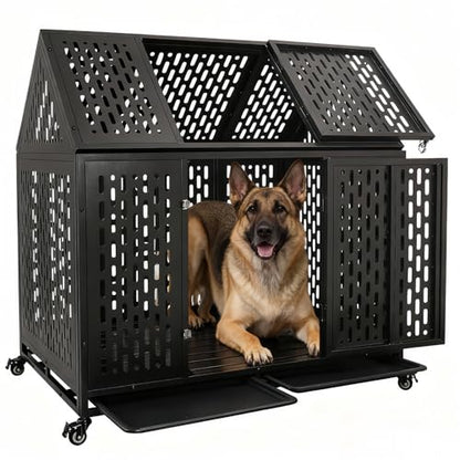 44 inch Heavy Duty Dog Crate with Wheels, Indestructible Escape-Proof Dog Kennel with Locking Latch and Double Door, Large XL Cage Indoor for Large and Medium Dog with Removable Tray - size: 43.3"L x 29.7"W x 46.3"H