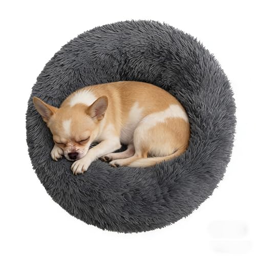 Calming Donut Dog Beds for Small Dogs Kitten - Washable Removable Cover Non-Slip Bottom, Round Pet Bed Puppy Bed Warming Fluffy Faux Fur Anti-Anxiety, Fits up to 15 lbs (Dark Grey, 20") - color: Dark Grey, size: 20"L x 20"W x 8"Th