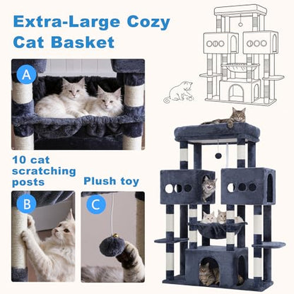 Hey-brother Cat Tree Tower, Large Sisal Scratching Posts with Big Platform, 3 Spacious Condos, Plush Hammock, Toy, 57.5 Inches Multi-Level Furniture for Indoor Adults Maine Coon, Smoky Gray MPJ083G - color: Smoky Gray