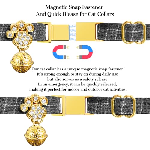 Personalized Breakaway Cat Collars - Magnetic Buckle, Bell - Safety Quick Release, Customized for Girls & Boys Cats- (Checkered-Grey) - color: Checkered-Grey