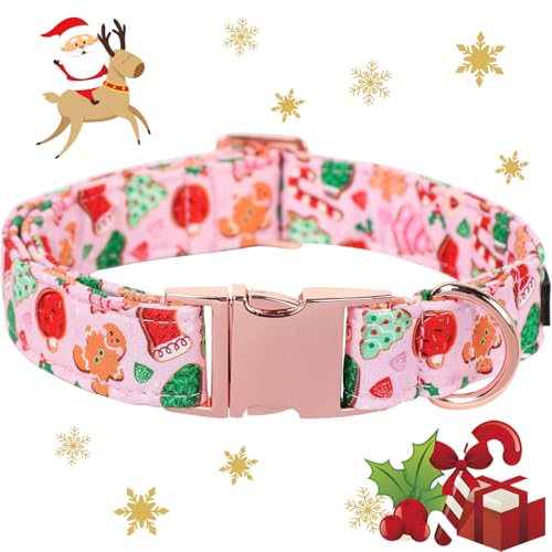Maca Bates Christmas Pink Basic Dog Collar for Small Girl Boy Dogs,Cute Gingerbread Candy Cane Christmas Tree Pattern, Soft Adjustable Durable Collars Winter for Male Female Puppy - color: Christmas-pink gman, size: S