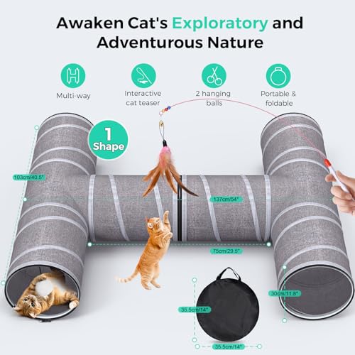 PETOCAT Cat Tunnel 4 Way with Teaser Wand & 2 Plush Ball, 5 Shapes Available, 54/80.7" L, H-Shaped Collapsible Pet Play Tube Maze for Kitten Puppy Bunny Ferret Rabbit, Indoor/Outdoor Peekaboo Cave - color: Cat Tunnel