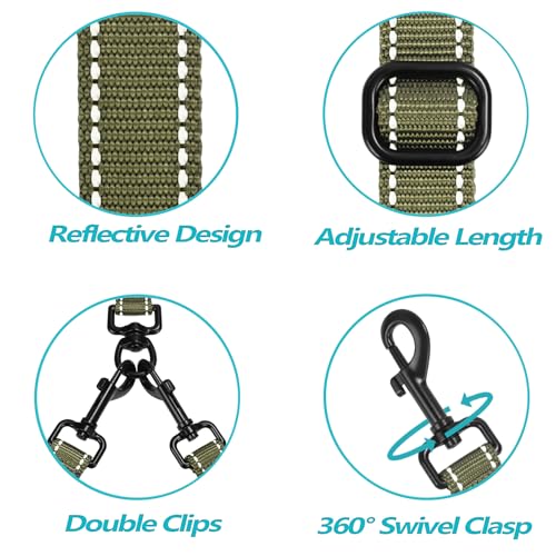 Double Dog Leash, No Tangle Dual Leash, Reflective Walking Training Lead, 4 Comfortable Padded Handles for 2 Dogs with Collapsible Bowl and Waste Bags (Army Green, Large) - color: Army Green