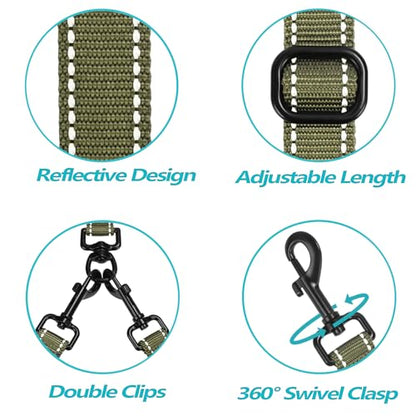 Double Dog Leash, No Tangle Dual Leash, Reflective Walking Training Lead, 4 Comfortable Padded Handles for 2 Dogs with Collapsible Bowl and Waste Bags (Army Green, Large) - color: Army Green