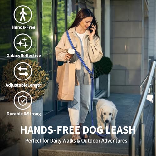 Hands Free Dog Leash by Kazazoo, Adjustable 6-9 FT Waist & Crossbody Leash with Quick Off Buckle, Reflective Stitches for Walking, Jogging,Medium to Large Dogs & Puppies Blue-L - color: Blue, size: L