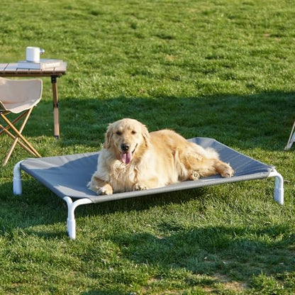 ZOMISIA Elevated Dog Cot Bed Tool-Free Assembly - Outdoor Raised Dog Cooling Bed Frame for Large Pets, Summer Pet Hammock Off Ground with Non-Slip Feet & Waterproof Teslin Mesh, 43x30 Inch - size: L - 43.3"L x 30.0"W x 8.0"H