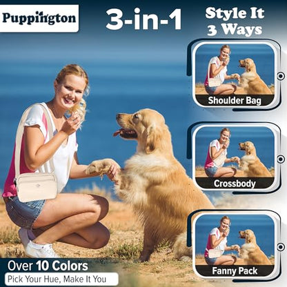 Puppington 3-in-1 Crossbody Dog Treat Pouch for Pet Training - Compostable Poop Bags, Built-In Poop Bag Dispenser, Slow-Feeding Travel Dog Bowl & Reflective Leash - Dog Walking Bag (Vanilla Cream) - color: Vanilla Cream