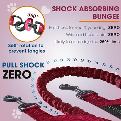 Hands Free Dog Leash with Waist Belt – No-Pull Bungee, Dual Padded Handles & Zipper Pouch for Running, Walking & Training – Adjustable Waist Leash for Large & Medium Dogs (Red) - color: Red