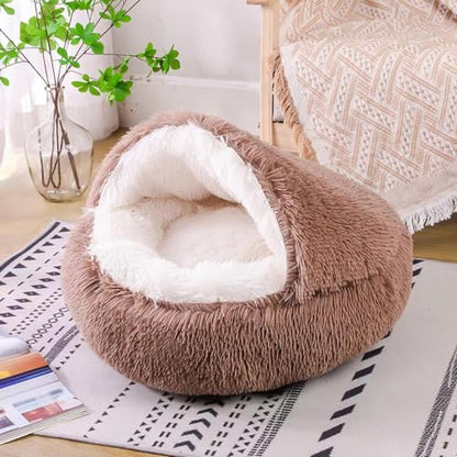 Cat Bed Round Fluffy Hooded Cat Bed Cave, Anti-Anxiety Cave Bed with Hooded Blanket, Cozy Cuddler Luxury Puppy Pet Bed, Anti-Slip Bottom and Machine Washable (Brown, Large) - color: Brown, size: Large
