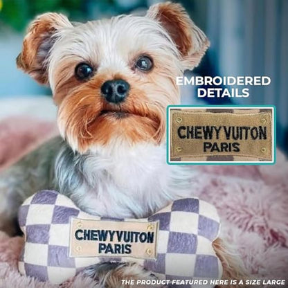 Haute Diggity Dog Chewy Vuiton Bone Ball & Handbag Plush Squeaky Dog Toys, Soft Durable Designer-Inspired Stuffed Puppy Chew Toys for Small & Medium Dogs, Machine-Washable (Tan Checker) One Size 3 Pcs - color: Checker Chewy Brown Trio, size: One Size