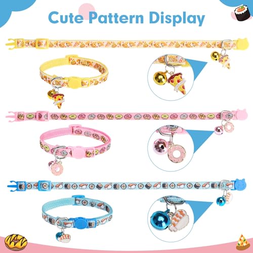 BINGPET Christmas Breakaway Cat Collar with Bell,3 Pack Cat Collars for Girl Cats, Cute Kitty Collars Accessories with Donut & Sushi & Pizzas(Yellow/Pink/Blue) - color: Food-3pcs
