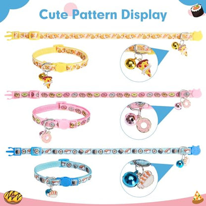 BINGPET Christmas Breakaway Cat Collar with Bell,3 Pack Cat Collars for Girl Cats, Cute Kitty Collars Accessories with Donut & Sushi & Pizzas(Yellow/Pink/Blue) - color: Food-3pcs