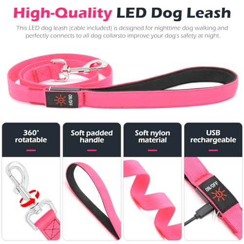 LED Dog Leash with Light - 4 Feet, Rechargeable, Nylon Webbing, Glow Safety Standard Dog Leash (Pink) - color: Pink, size: 4 Feet