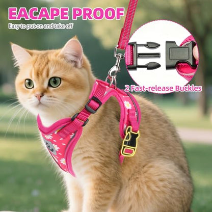 PUPTECK Cat Harness and Leash Set Escape Proof Reflective Cat Walking Harness Adjustable Soft Breathable Mesh Vest for Small Pets, Fuchsia Dasiy, S - color: Fuchsia Daisy, size: S (NECK 9.5"-11", CHEST 13"-16")