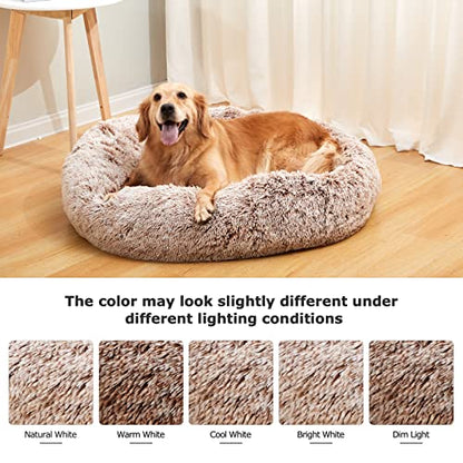 Bedfolks Calming Donut Dog Bed, 36 Inches Round Fluffy for Large Dogs, Anti-Anxiety Plush, Machine Washable (Brown, Large) - color: Brown, size: 36.0"L x 36.0"W x 8.0"Th