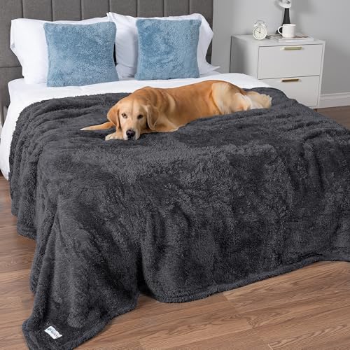 PetAmi Fluffy Waterproof Dog Blanket for Bed Large Dogs, Soft Warm Pet Sherpa Throw Pee Proof Couch Cover, Reversible Cat Blanket Sofa Crate Kennel Protector, Washable Mat Queen (Grey, 90x90) - color: Grey, size: Queen (90x90)
