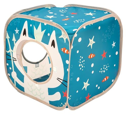 Kitty City Ocean-Themed Pop-Up Cat Play Cube, Collapsible Indoor Cat Hideout with Peekaboo Openings, Lightweight Foldable Cat Cube for Play & Lounging - color: E) Ocean Cat Cube House