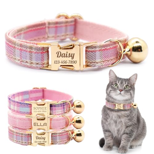 Personalized Plaid Cat Collar with Bell - Non-Breakaway Custom Polyester Kitten Collar with Engraved Name & Phone Number (Pattern 01, L (7.5-12.5 Inches)) - color: Pattern 01, size: L (7.5-12.5 Inches)