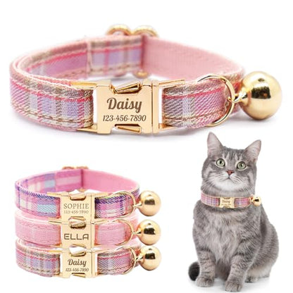 Personalized Plaid Cat Collar with Bell - Non-Breakaway Custom Polyester Kitten Collar with Engraved Name & Phone Number (Pattern 01, L (7.5-12.5 Inches)) - color: Pattern 01, size: L (7.5-12.5 Inches)