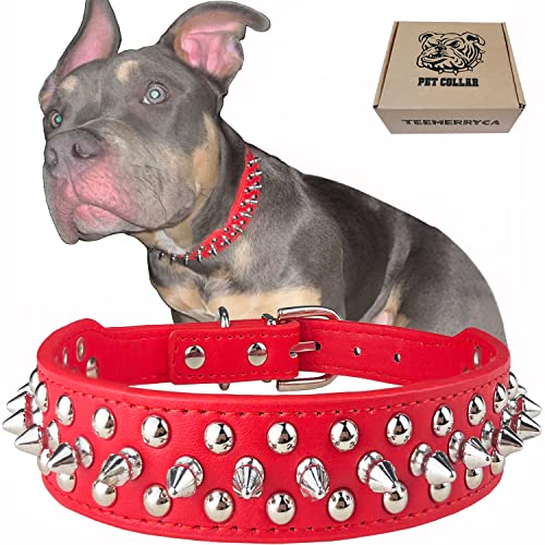 TEEMERRYCA Adjustable Microfiber Leather Spiked Studded Dog Collars with a Squeak Ball Gift for Small Medium Large Pets Like Cats/Pit Bull/Bulldog/Pugs/Husky, Red, S 10.8-13.2 inches - color: RED, size: S: 10.8"-12.8"(for Puppy)