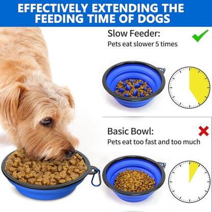 2 Pack [Slow Feeder Design + Regular], Collapsible Dog Bowl Travel Portable Pet Bowls, [34oz,1000ml] Foldable Food Water Feeding Dishes for Traveling Hiking Walking with Carabiners [Blue,Black] - color: Blue+Black