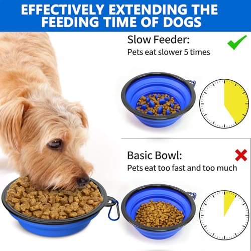 2 Pack [Slow Feeder Design + Regular], Collapsible Dog Bowl Travel Portable Pet Bowls, [34oz,1000ml] Foldable Food Water Feeding Dishes for Traveling Hiking Walking with Carabiners [Blue,Red] - color: Blue+Red