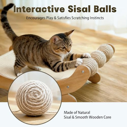 Sisal Cat Scratcher Bed with 3 Toy Balls for Indoor Cats, Durable Wooden 3-in-1 Hammock Lounge & Scratch Pad - Modern Furniture for Large Cats, Scratching Post Lounger - size: Extra Large