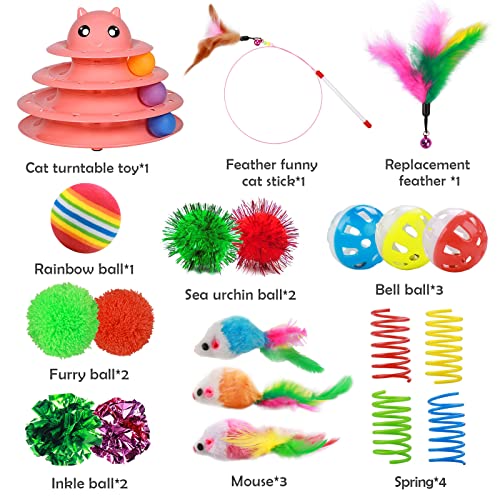 UPSKY 20 PCS Cat Toys - 3-Level Turntable Roller with Balls for Indoor Cats, Kitten Set with Teaser, Mice, Spring, and Various Ball Toys - color: B-20PCS-Red
