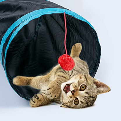 Sheldamy Cat Tunnel, 2-Way Collapsible Play Tunnel, Interactive Toy Maze for Small Animals, Suitable for Kittens, Puppies, Rabbits, Ferrets, Blue & Black - color: 2 Way Blue & Black