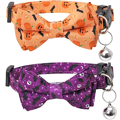Halloween Cat Collar Breakaway with Cute Bow Tie and Bell for Kitty Adjustable Safety - color: Orange+Purple