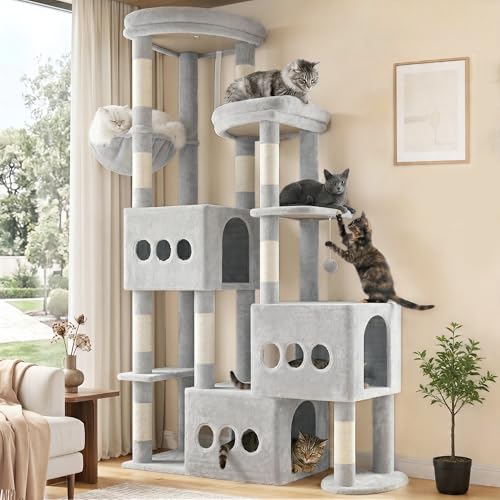 Gitelsnour Cat Tree for Large Adult, 71.7'' Tall Cat Tower for Indoor Cats, Sturdy Heavy Duty Cat Tree Tower for 20 lbs+Cats, 3 Big Cat Condos, 10 Scratching Posts, 3 Platforms, Light Gray GCT036W - color: Light gray