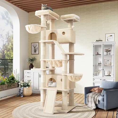 SHA CERLIN 81in Multi-Level Tall Cat Tree Tower for Indoor Kitties/Larger Cat Condo Furniture with Hammock/Cozy Pussycat Perches/Sisal Scratching Posts/Pet House/Wide Base/Beige - color: Beige