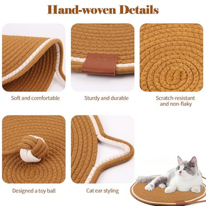 2-Pack Cat Scratching Mats, Natural Cotton Rope Scratch Pad with Ear Shape Hanging Hook and Play Ball, Furniture Protector for Wall, Floor, Sofa, Couch, Carpet, Brown