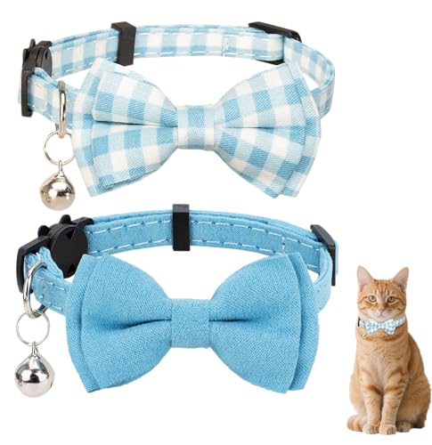 Cat Collar with Bow Tie 2pcs Set Bell Boy Girl Kitten Safety Plaid Grid Checkered Solid Color Suede Velvet Cute Soft Gift [2pcs] Blue - color: Style A-[2pcs] Blue
