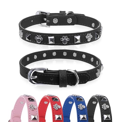Leather Dog Collar for Puppy Small Medium Dogs, Adjustable Paw Studded Pet Collars with Rust-Proof Metal Buckle and Charms, XS S Dog Collars for Boy and Girls, Black XS - color: Paw_Black, size: X-Small (8"-11", Pack of 1)