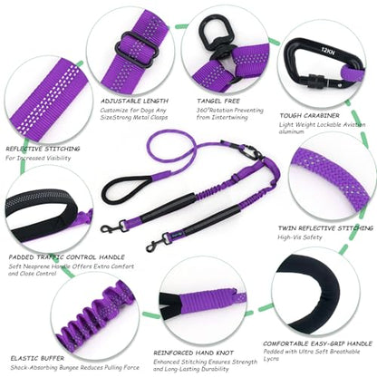 Double Dog Leash No Tangle – Dual Dog Leash for 2 Dogs with Shock Absorbing Bungee, 360° Swivel, Reflective Safety, Heavy Duty for Medium & Large Dogs (Vibrant Purple) - color: Vibrant Purple
