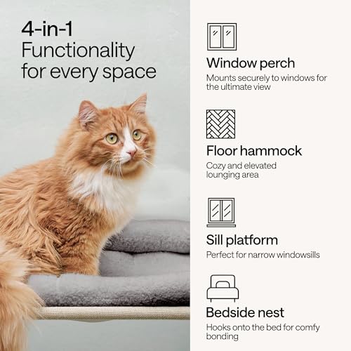 Foldable Cat Window Perch for Cats Inside – Pet Hammock Sill Extender – Cat Hammock for Windowsill, Shelf, Wall – 4 Heavy Duty Suction Cups, Sturdy Frame, Screws – 1 Plush & 1 Textile Window Cats Bed
