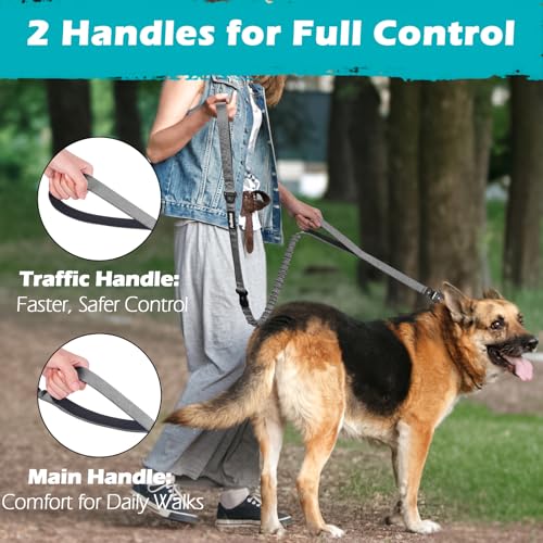 Heavy Duty Tactical Dog Leash, 5 FT Bungee Shock Absorption Leash with 2 Padded Handles, Quick Release Metal Clip, Car Seatbelt, No Pull Training Lead for Large Medium Dogs（Grey） - color: Grey