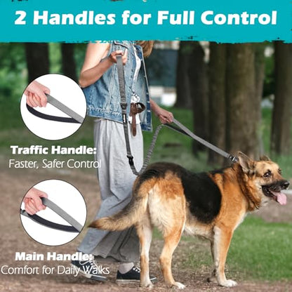 Heavy Duty Tactical Dog Leash, 5 FT Bungee Shock Absorption Leash with 2 Padded Handles, Quick Release Metal Clip, Car Seatbelt, No Pull Training Lead for Large Medium Dogs（Grey） - color: Grey