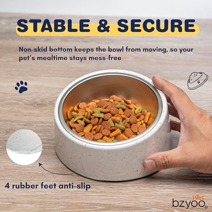 bzyoo 16oz Tilted Dog Bowl for Small Dogs & Cats, 15° Elevated Stainless Steel Pet Feeder, Ergonomic Anti-Vomiting Food Bowl for Frenchie, Pug, Persian Cat, Non-Skid Melamine Stand, Sprinkle (White) - color: White