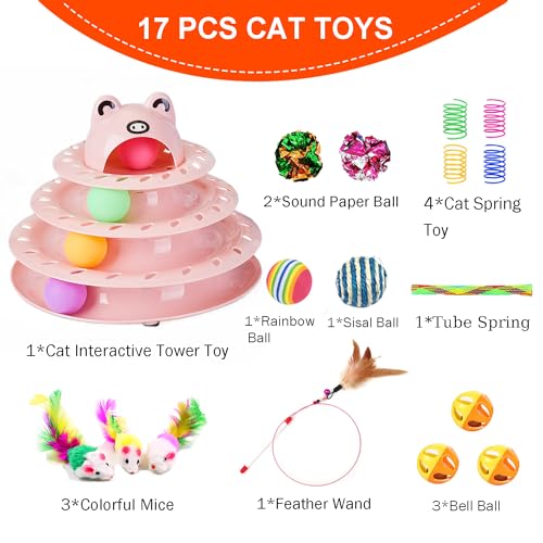 17 Pack Cat Toys, 4-Level Turntable Ball Track Interactive Cat Toy for Indoor Cats, Self Play Fun Roller with Colorful Rotating Ball Puzzle Exercise Kitten Toys Set - color: Light Pink