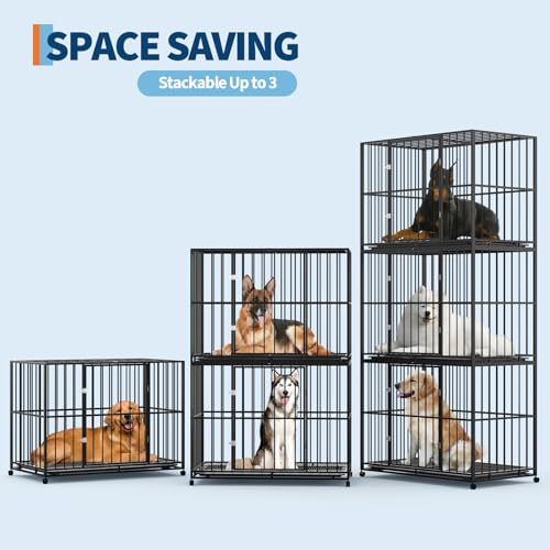 Heavy Duty 48 Inch Dog Crate for Large Sized Dogs, Indestructible Stainless Steel Escape Proof Dog Kennel Indoor with Lockable Wheels and Removable Tray, Stackable Dog Cage for High Anxiety Dogs - size: 48 inch