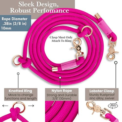 Hands Free Dog Leash, Waist Leash for Dog Walking, Crossbody, Multifunctional, Dog Lead, Running, 2 Dogs, Dual Handle, Dog Training, Adjustable Lead 4.3ft - 7.5ft, 3/8" (10mm) Diameter. - color: Pink