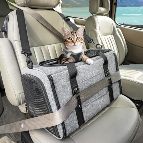 PETSFIT Soft-Sided Cat Carrier with Patented Safety Buckles, Lockable Zippers & Safety Tether,Escape-Resistant Travel Pet Carrier for Car Rides & Vet Visits, Airline Approved Under-Seat, Up to 12 lbs - color: Gray, size: Medium