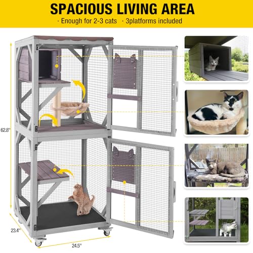 Aivituvin Cat Catio Outdoor Cat House Movable Large Enclosures on Exercise Wheels Kitty Cage with Upgraded Resting Box,Waterproof Cover