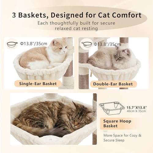 Heybly Cat Tree, 74.8-Inch Spacious & Tall Cat Tower for Large Cats, Cat Furniture with Large Top Perch, Solid Base, 2 Cat Condos, Hanging Hammock, Durable Sisal Scratching Posts, Beige HCT062MJ - color: Beige New