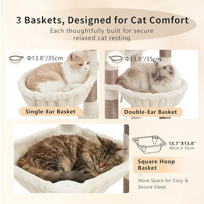 Heybly Cat Tree, 74.8-Inch Spacious & Tall Cat Tower for Large Cats, Cat Furniture with Large Top Perch, Solid Base, 2 Cat Condos, Hanging Hammock, Durable Sisal Scratching Posts, Beige HCT062MJ - color: Beige New