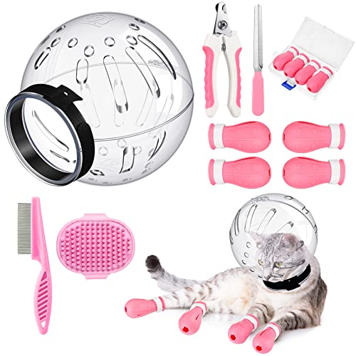 Cat Muzzle for Grooming Kitty Adjustable Hood with Paw Covers Nail Clipper Trimmer Brush Tick Remover Tool Kitten Breathable Anti Bite Muzzles Silicone Anti Scratch Boots for Cats Bathing Shaving