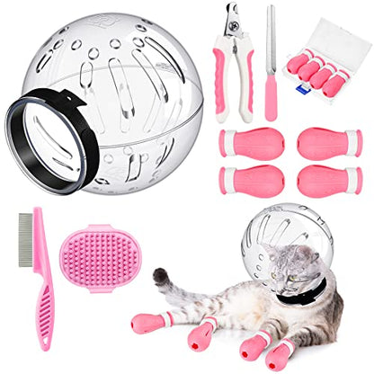 Cat Muzzle for Grooming Kitty Adjustable Hood with Paw Covers Nail Clipper Trimmer Brush Tick Remover Tool Kitten Breathable Anti Bite Muzzles Silicone Anti Scratch Boots for Cats Bathing Shaving