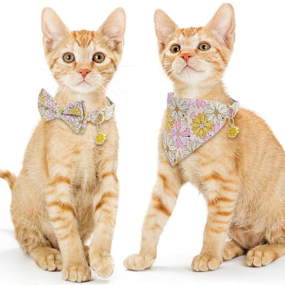 Faygarsle 2 Pack Floral Cat Collar Set with Bandana and Bow Tie, Pink and Yellow Daisy Pattern, Breakaway Safety Buckle - color: Yellow Flower